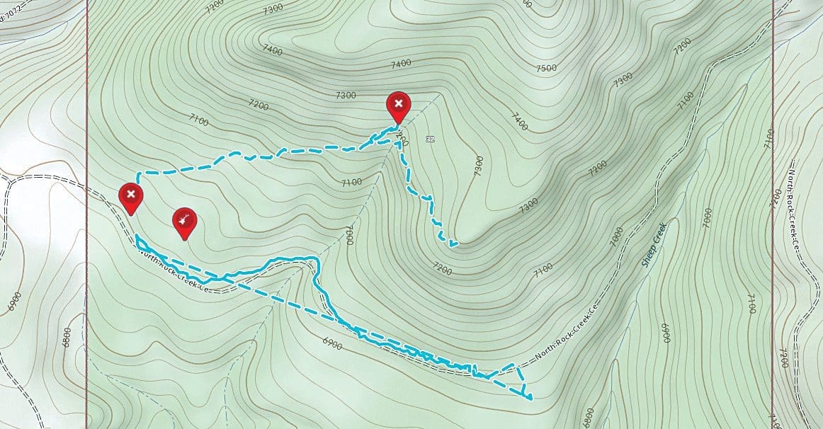 GPS waypoints on a map from tracks during horseback hunting