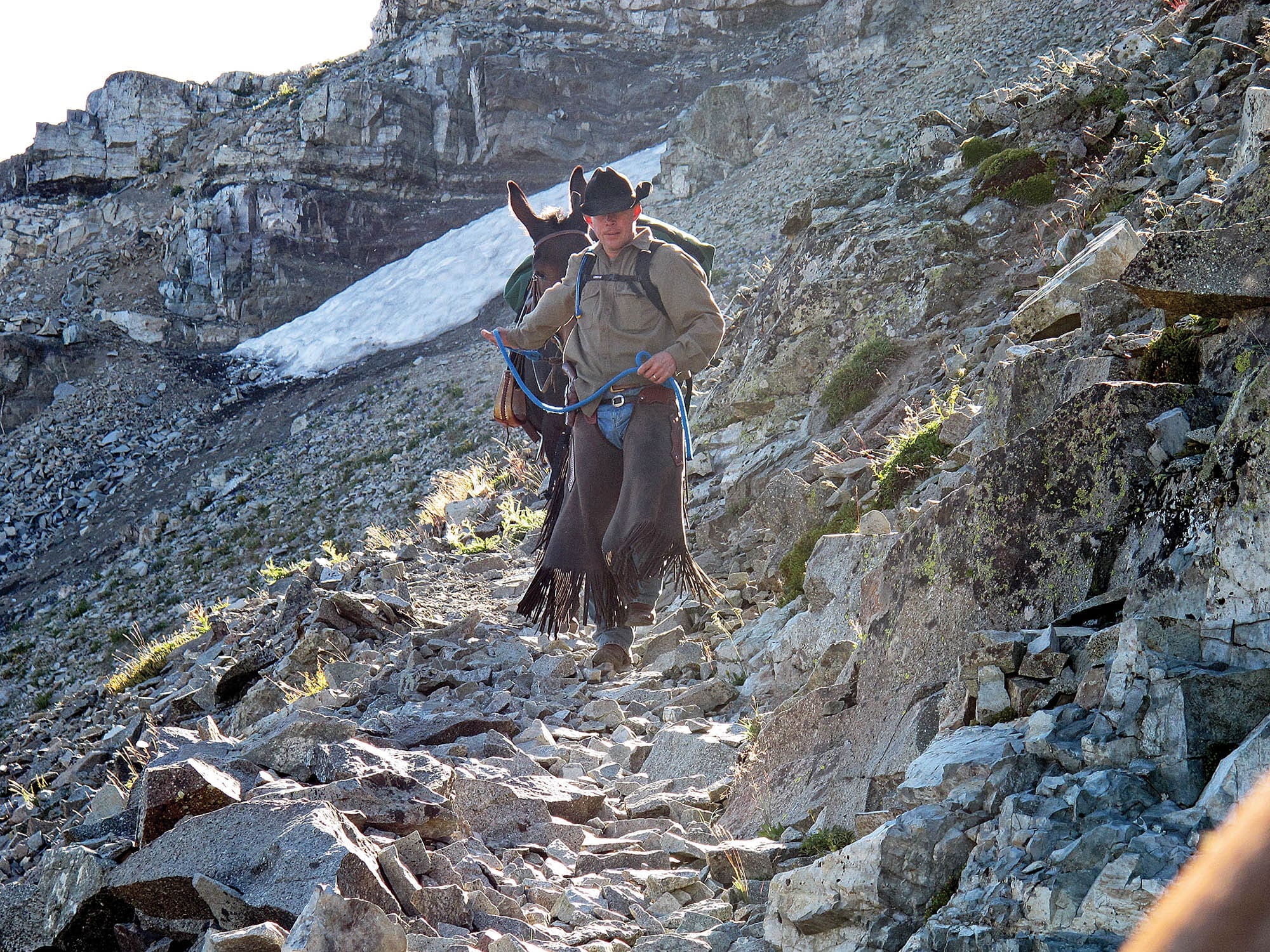 Leading horses on a rough trail while hunting.