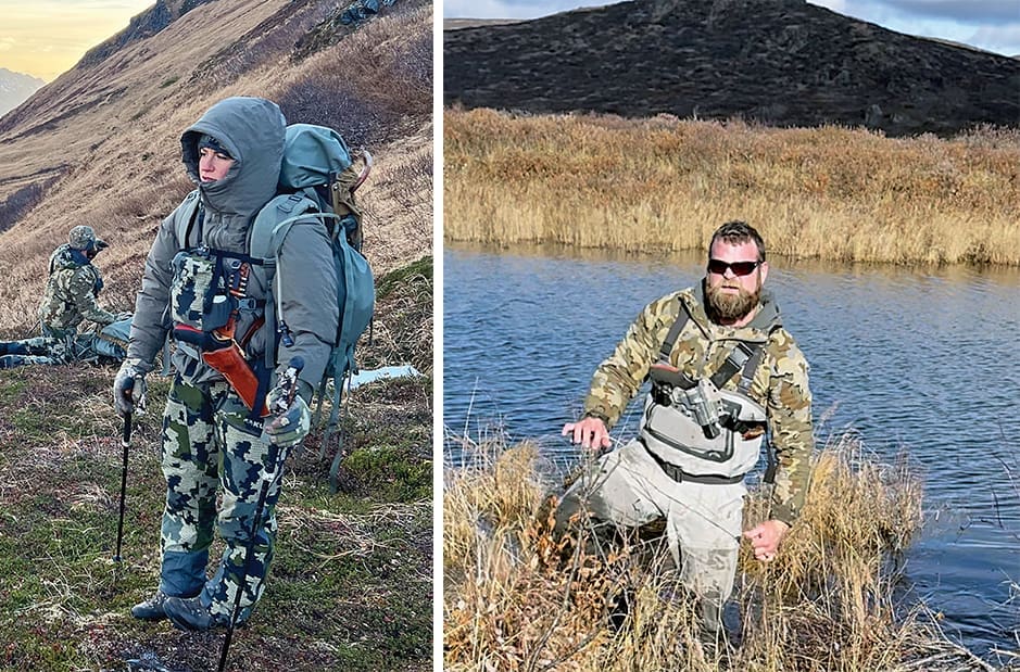 Tana wearing a Diamond D Leather chest holster, and Adam wearing a Kydex pistol holder.